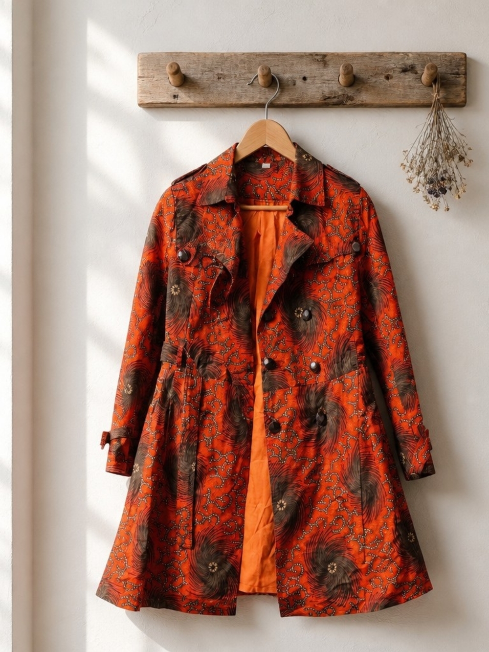 Women's Orange Patterned Trench Coat